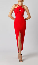 SLEEVELESS KEY HOLE SPLIT BACKLESS RED BANDAGE MIDI DRESS