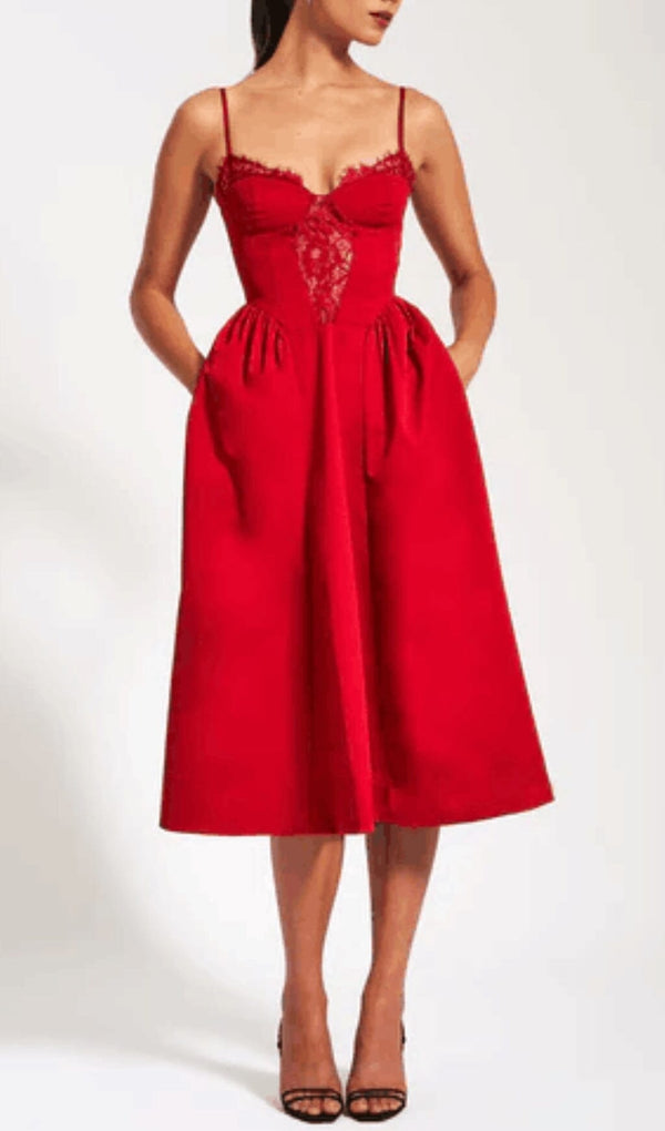 RED LACE TRIM MIDI DRESS