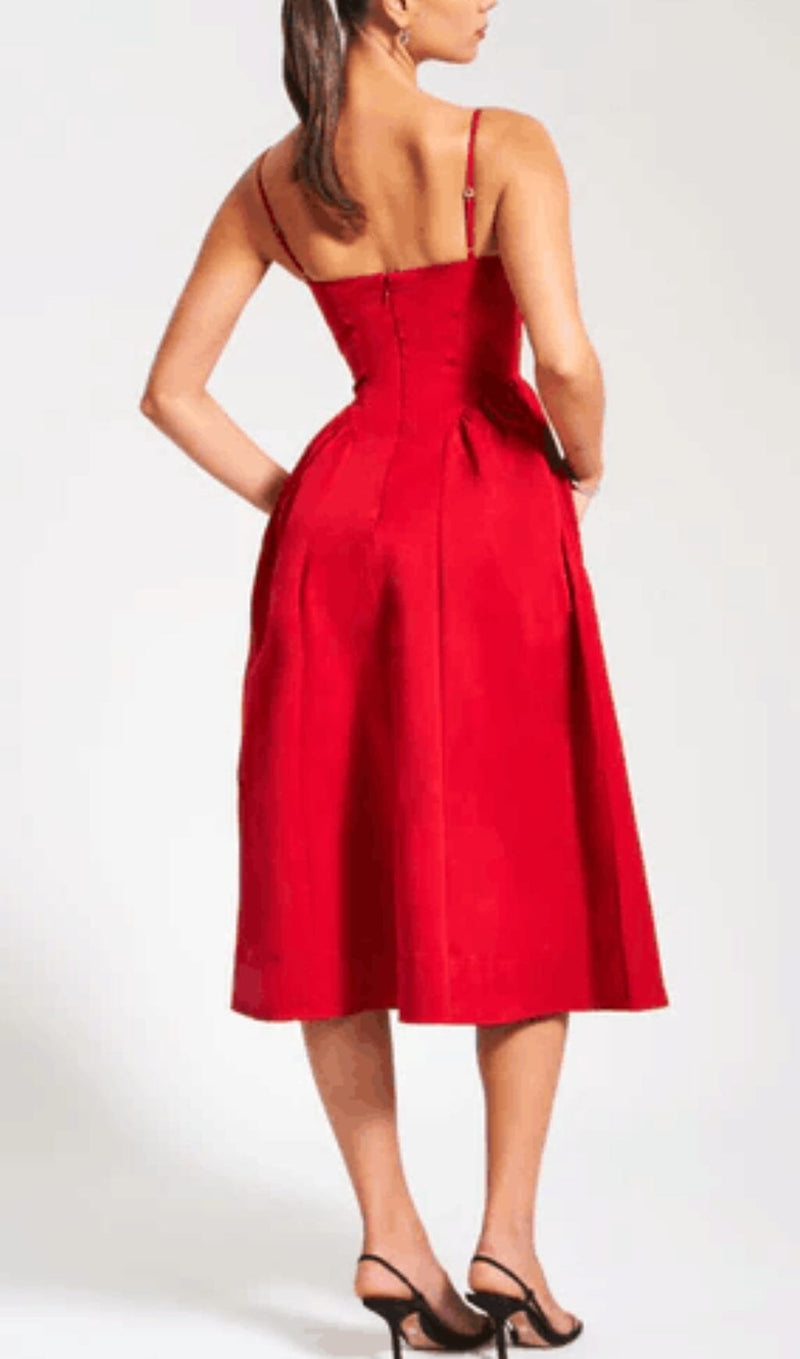 RED LACE TRIM MIDI DRESS