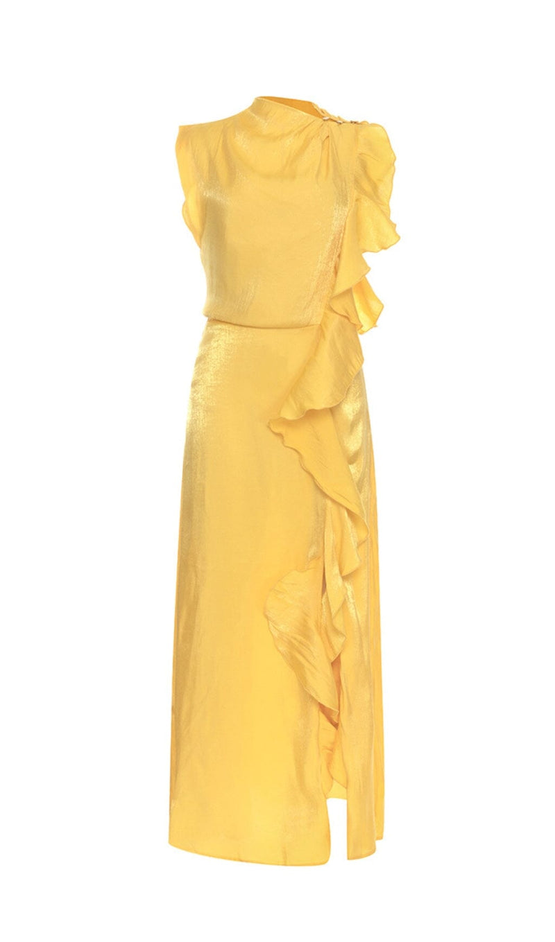 YELLOW MOCK NECK RUFFLE TRIM DRAPED DETAIL SATIN DRESS