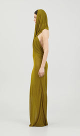 GINGER YELLOW SHEER EVENING GOWN WITH DRAPED HOOD