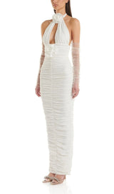 WHITE 3D FLORAL HALTER BANDAGE MAXI DRESS