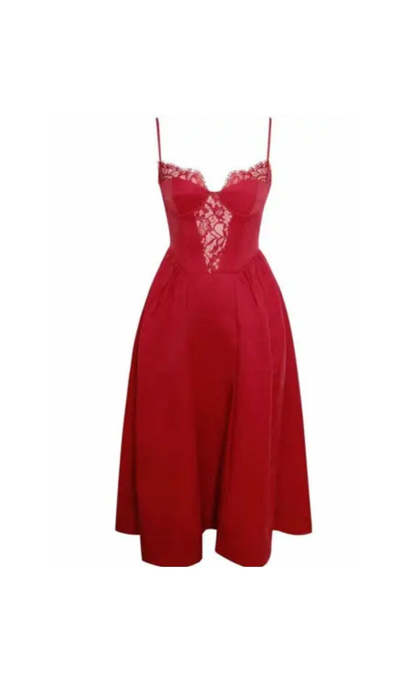 RED LACE TRIM MIDI DRESS