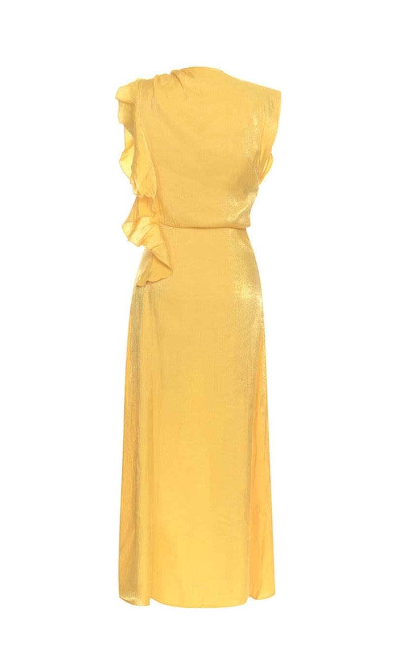 YELLOW MOCK NECK RUFFLE TRIM DRAPED DETAIL SATIN DRESS