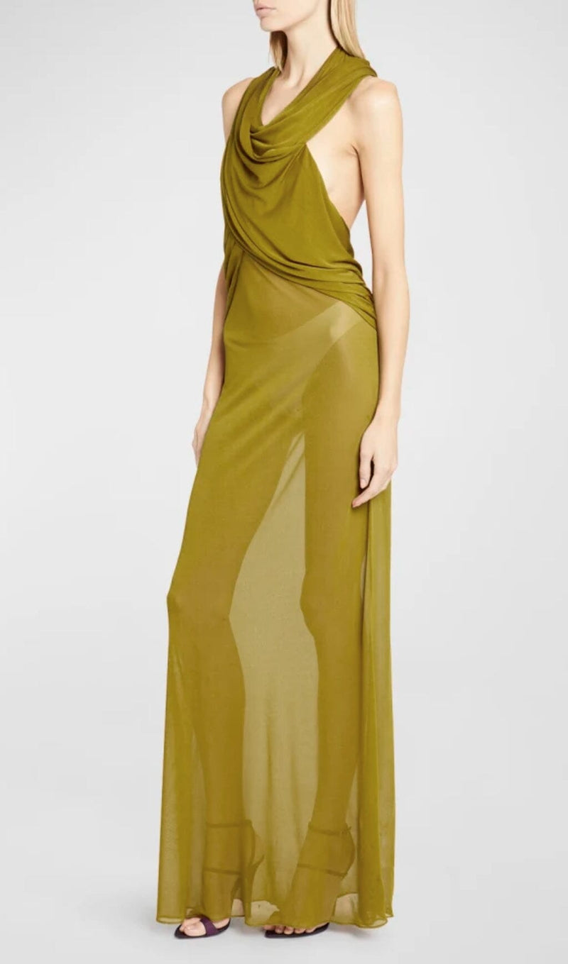 GINGER YELLOW SHEER EVENING GOWN WITH DRAPED HOOD