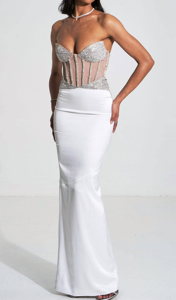 WHITE CRYSTAL CORSET SATIN GOWN