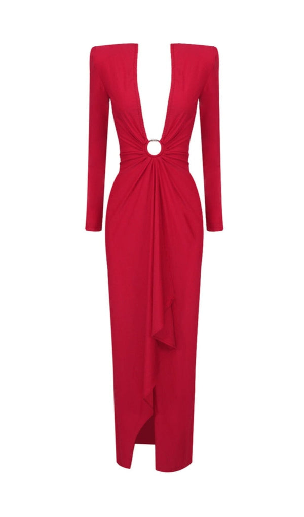 RED PLUNGE-NECK DRAPED GOWN