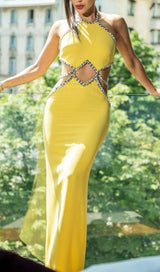 HALTER YELLOW CUTOUT SLEEVELESS CRYSTALS SATIN EVENING DRESS