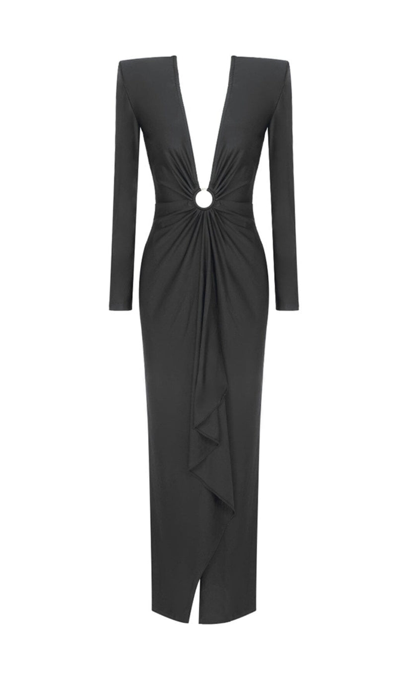 BLACK V NECK SPLIT THIGH MAXI DRESS