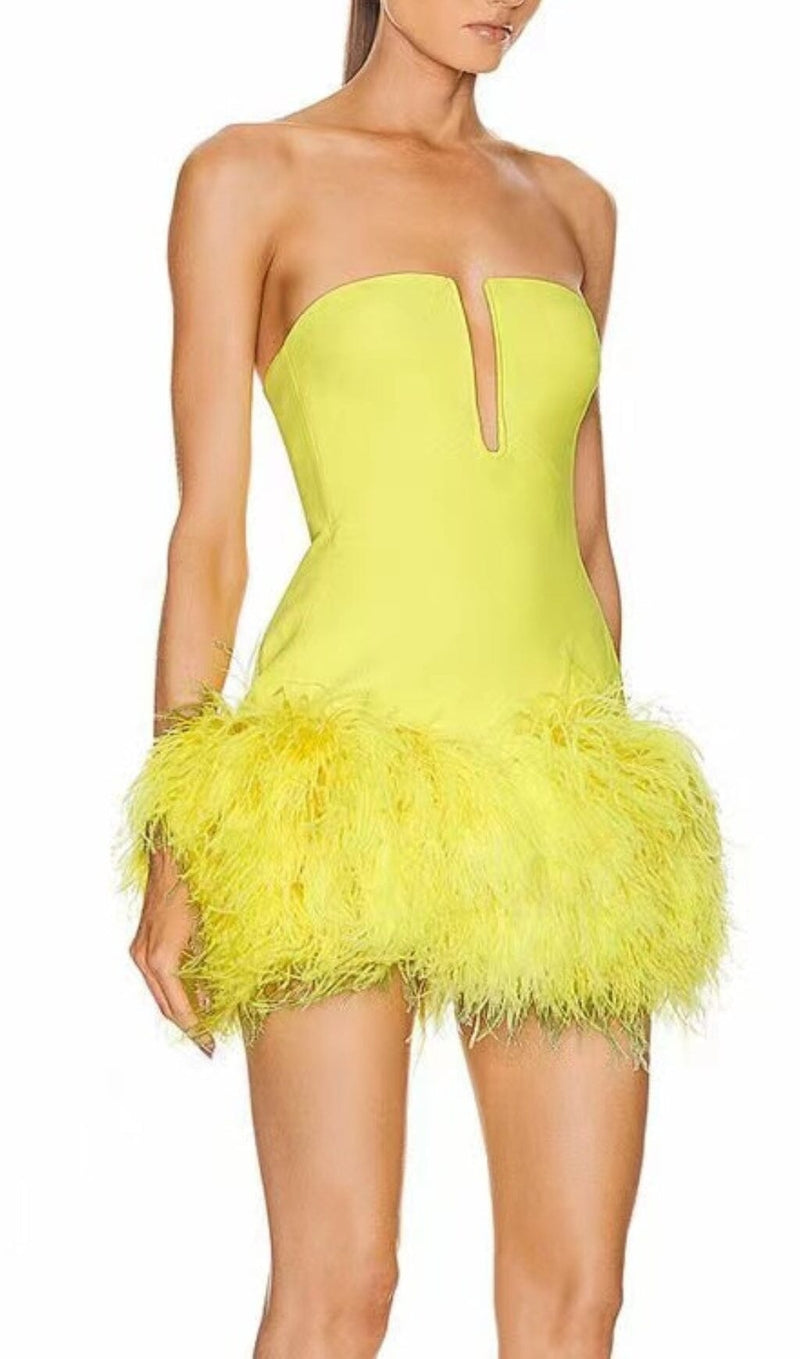 YELLOW NEON FEATHERS MINI DRESS