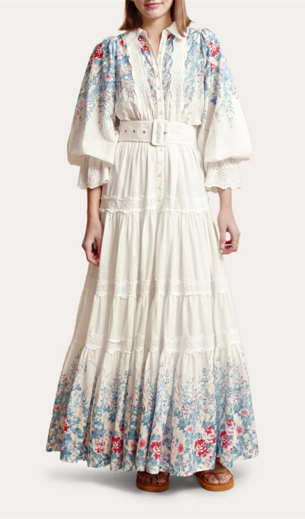 WHITE COTTON LAPEL GATHERED WAIST FLORAL PRINTED MAXI DRESS