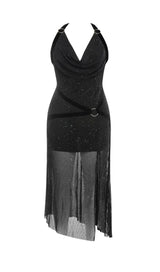 DRAPED FRONT BACKLESS SPLIT THIGH GLITTER HALTER DRESS