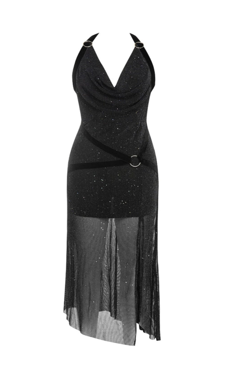 DRAPED FRONT BACKLESS SPLIT THIGH GLITTER HALTER DRESS