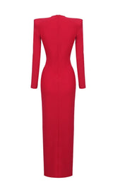 RED PLUNGE-NECK DRAPED GOWN