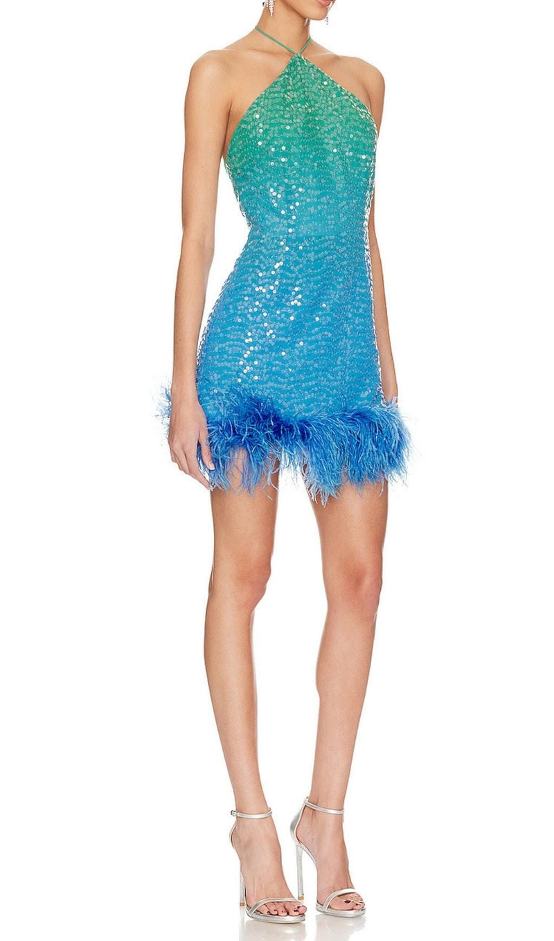 TURQUOISE JEWEL SEQUIN FEATHER MINI DRESS