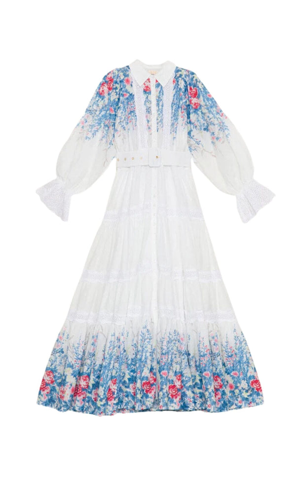 WHITE COTTON LAPEL GATHERED WAIST FLORAL PRINTED MAXI DRESS