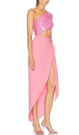 PINK SEQUIN CUT OUT MIDI DRESS