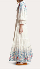 WHITE COTTON LAPEL GATHERED WAIST FLORAL PRINTED MAXI DRESS