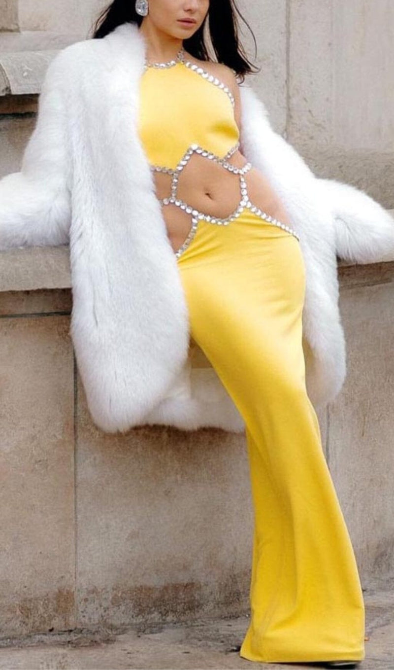 HALTER YELLOW CUTOUT SLEEVELESS CRYSTALS SATIN EVENING DRESS