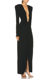 BLACK V NECK SPLIT THIGH MAXI DRESS