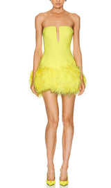 YELLOW NEON FEATHERS MINI DRESS