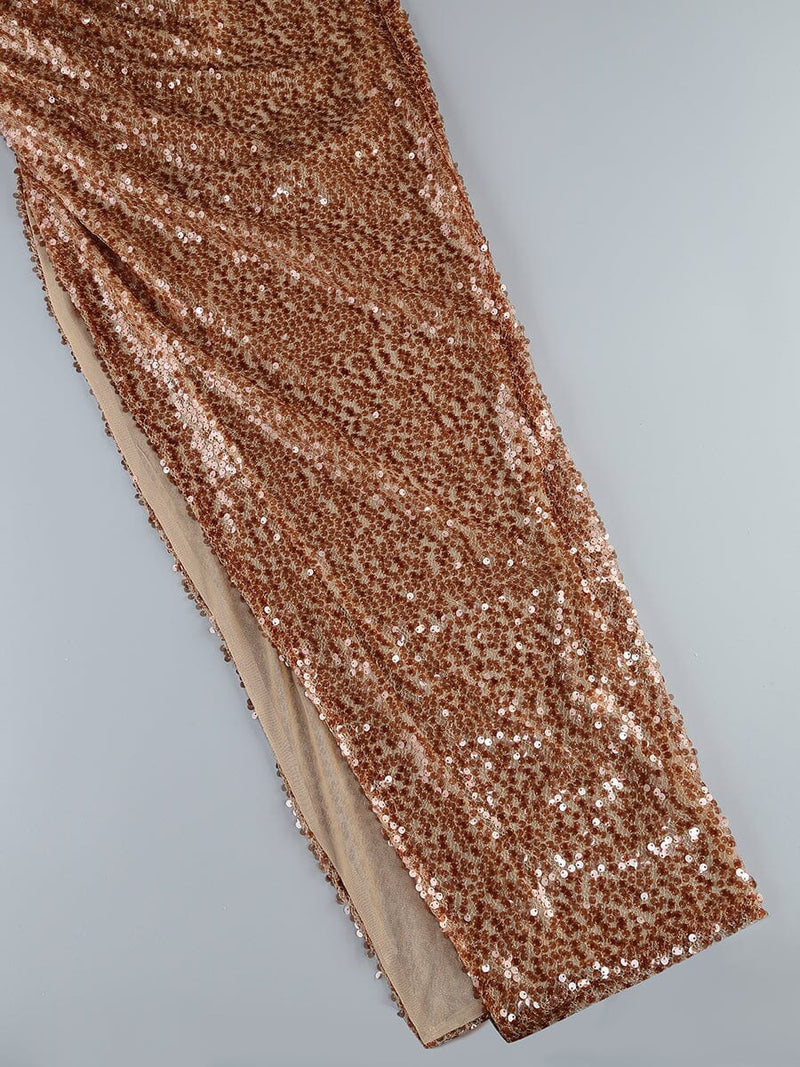 BROWN HIGH SPLIT SEQUIN DRAPE MAXI DRESS