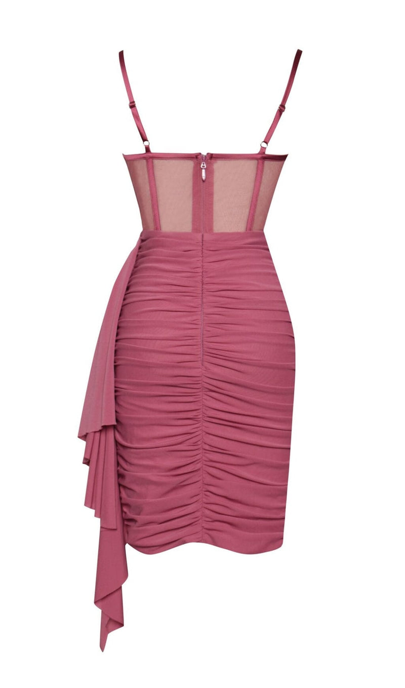 YOLIE SALMON PINK RUCHED DRAPING MESH CORSET DRESS