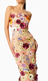 3D FLOWER STRAPLESS MIDI DRESS