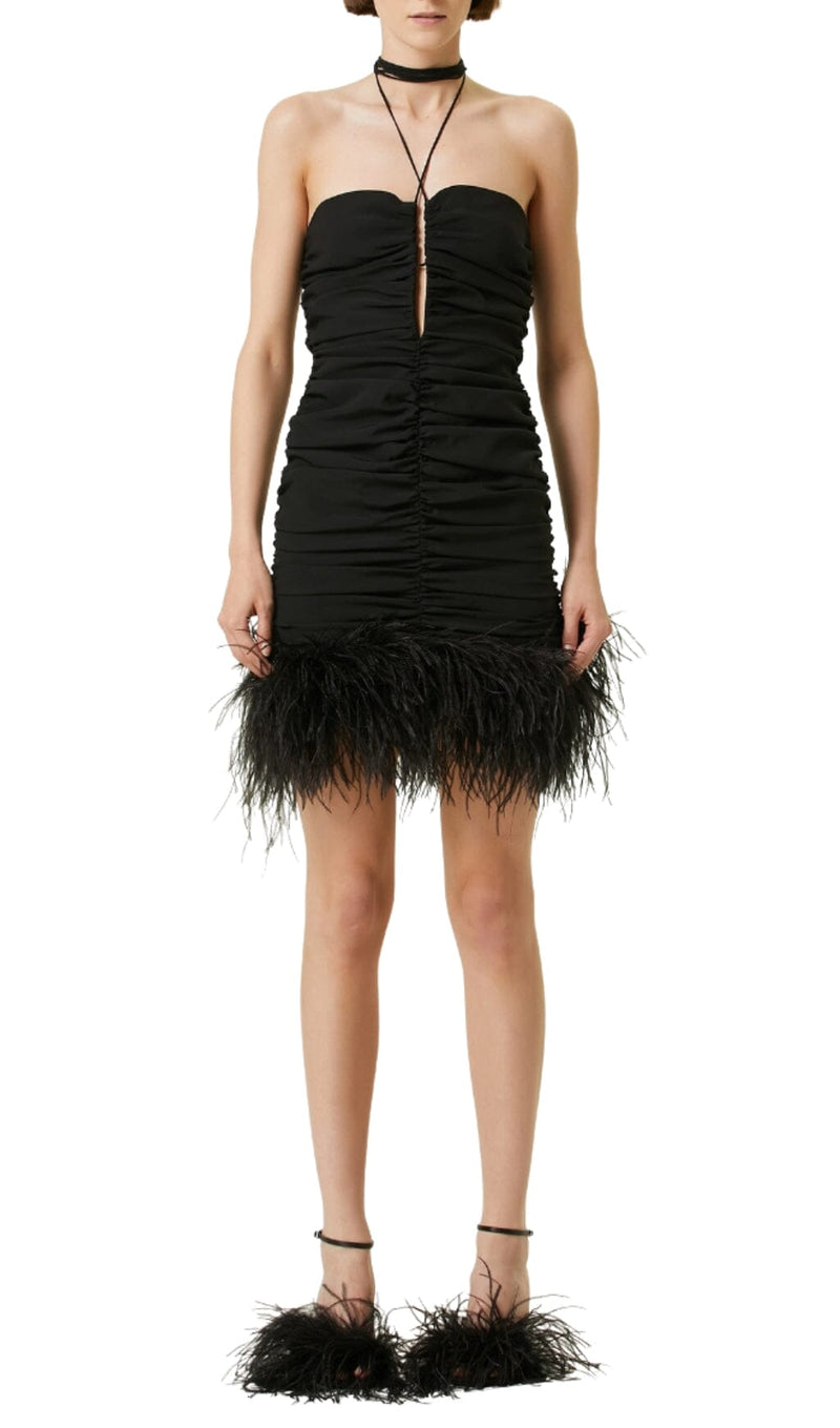 SEXY STRETCH OFF-SHOULDER FEATHER MINI DRESS IN BLACK