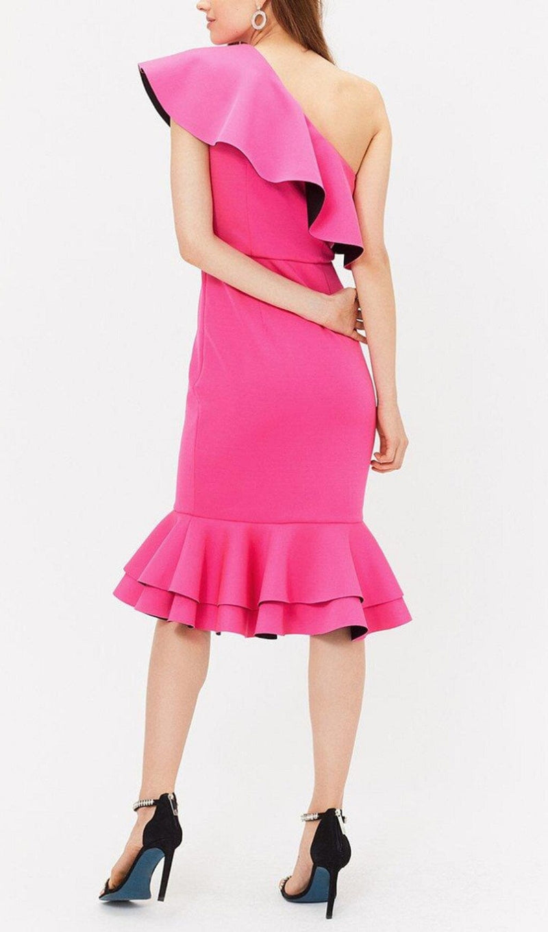 CROSS-SHOULDER RUFFLED FISHTAIL DRESS IN ROSE