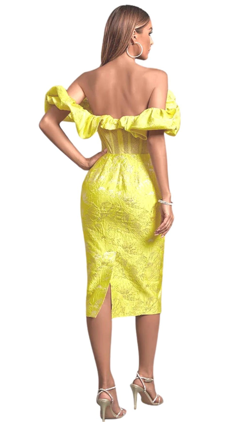 JACQUARD STRAPLESS MIDI DRESS IN YELLOW