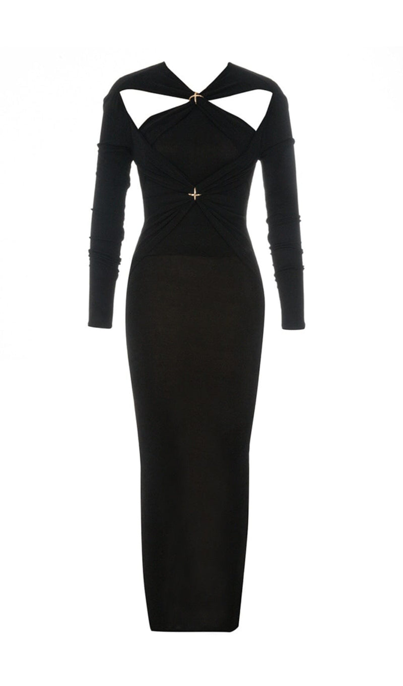 BLACK LEAKY SHOULDER CROSS-LACE-UP SLIM-FIT DRESS