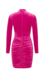 HANGING NECK MESH STITCHED VELVET MINI DRESS IN BARBIE PINK