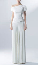 WHITE FEATHER PLEATED TWO PIECES SUIT