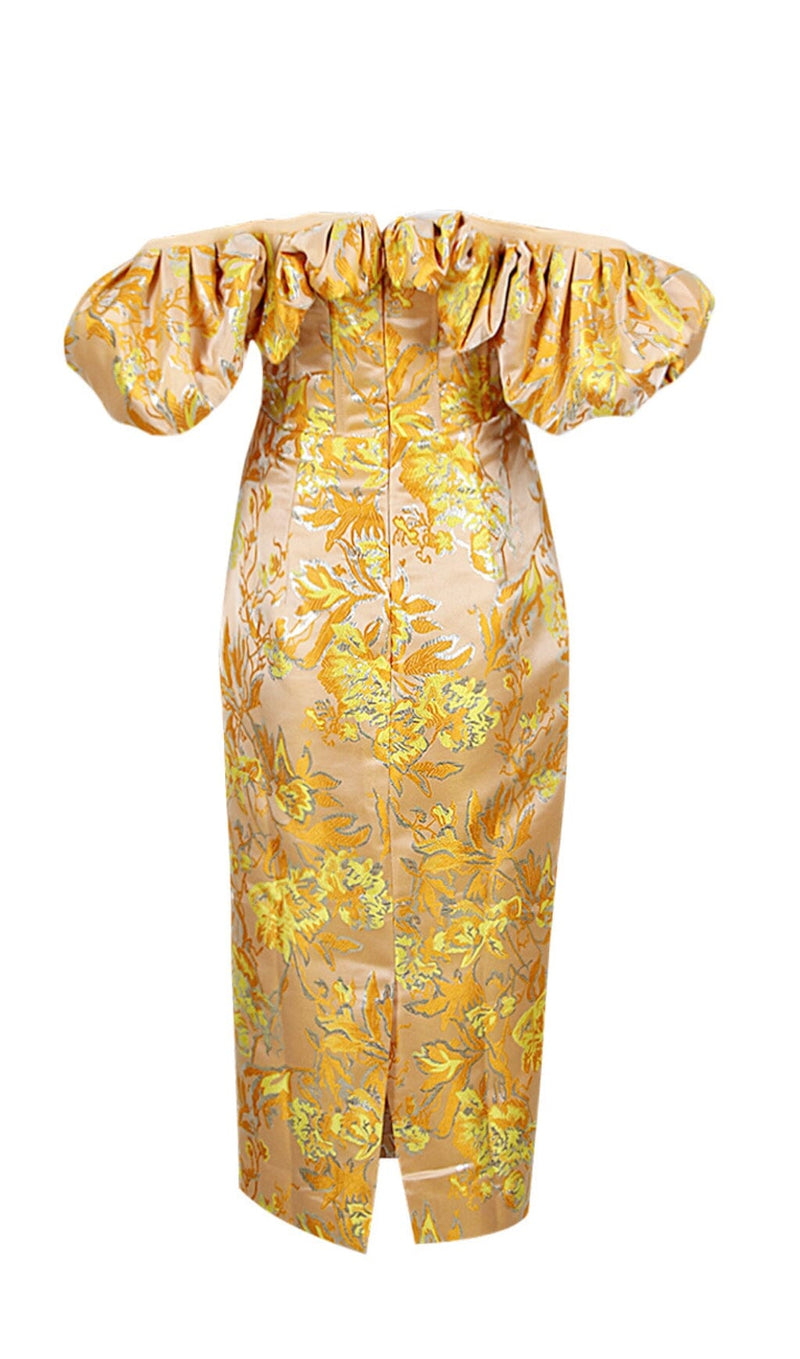 JACQUARD OFF SHOULDER MIDI DRESS IN YELLOW