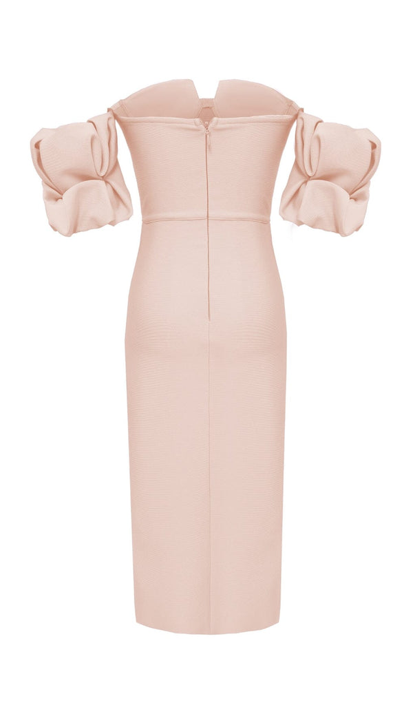 STRAPLESS DRAPED SLEEVE SLITS BANDAGE DRESS IN BEIGE