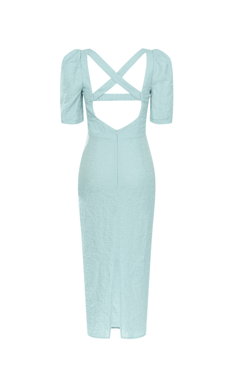 LIGHT GREEN PUFF SLEEVE SPLIT BACK BODYCON MIDI DRESS