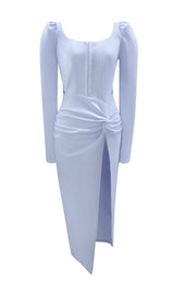 LIGHT BLUE SQUARE-NECK PUFF SLEEVE SIDE HIGH SLIT DRESS