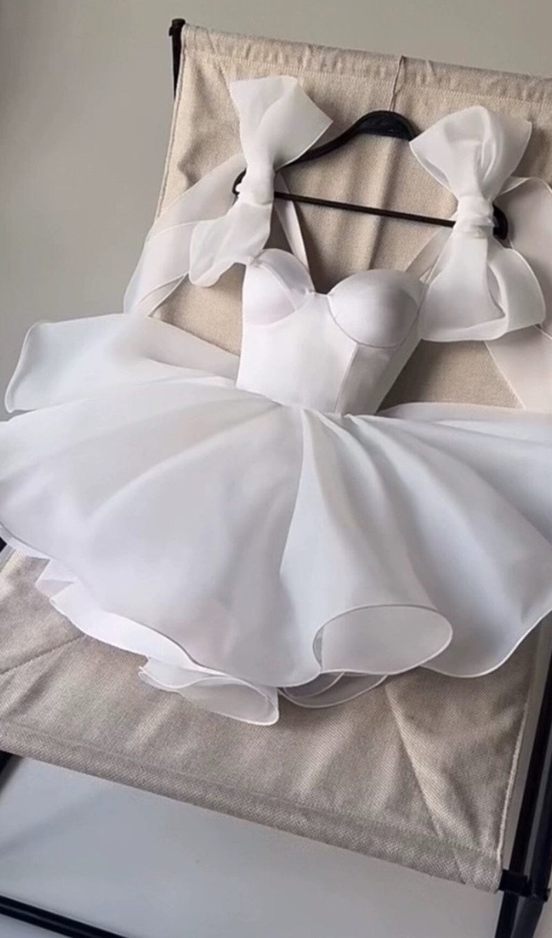 WHITE BOW PUFFY MINI DRESS