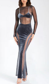 ROBE MAXI EN MAILLE DE VELOURS GRIS