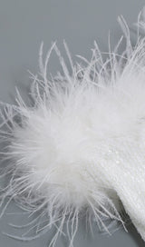 SEQUIN FEATHER STRAPLESS MINI DRESS IN WHITE