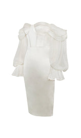 LYDIA PEARL WHITE SATIN OFF SHOULDER PUFF SLEEVE DRESS