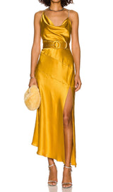 BANDAGE RUCHED MIDI DRESS IN GOLD