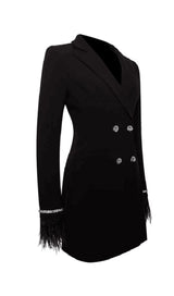 QUILLA BLACK FEATHER CRYSTAL SLEEVE BACKLESS BLAZER DRESS