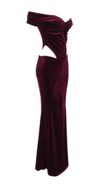 OFF SHOULDER WAIST HOLLOW VELVET MAXI DRESS IN BURGUNDY