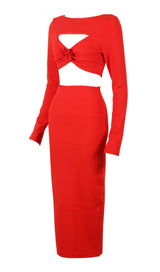 CUTOUT LONG SLEEVE MIDI DRESS IN RED