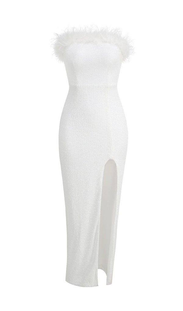 OSTRICH HAIR DECORATIVE BANDEAU MAXIC DRESS IN WHITE