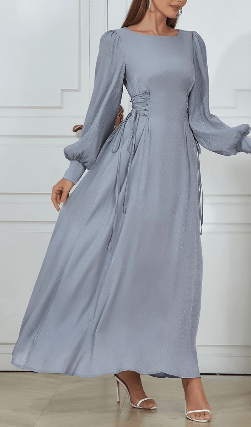 ROUND NECK PUFF LONG SLEEVES WAIST SLIM FIT LOOSE MIDI DRESS