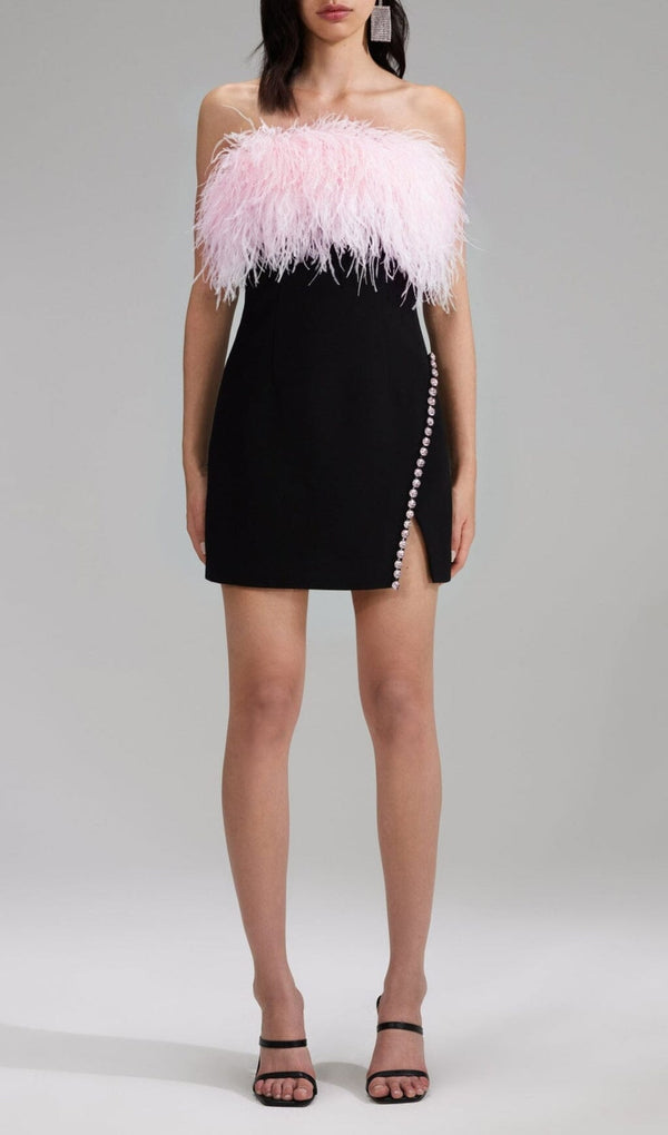 BANDAGE FEATHER CRYSTAL MINI DRESS IN BLACK