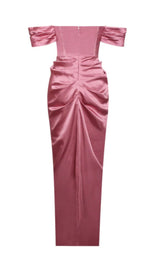 XOPHIA MAUVE PINK OFF SHOULDER SATIN CORSET HIGH SLIT DRESS